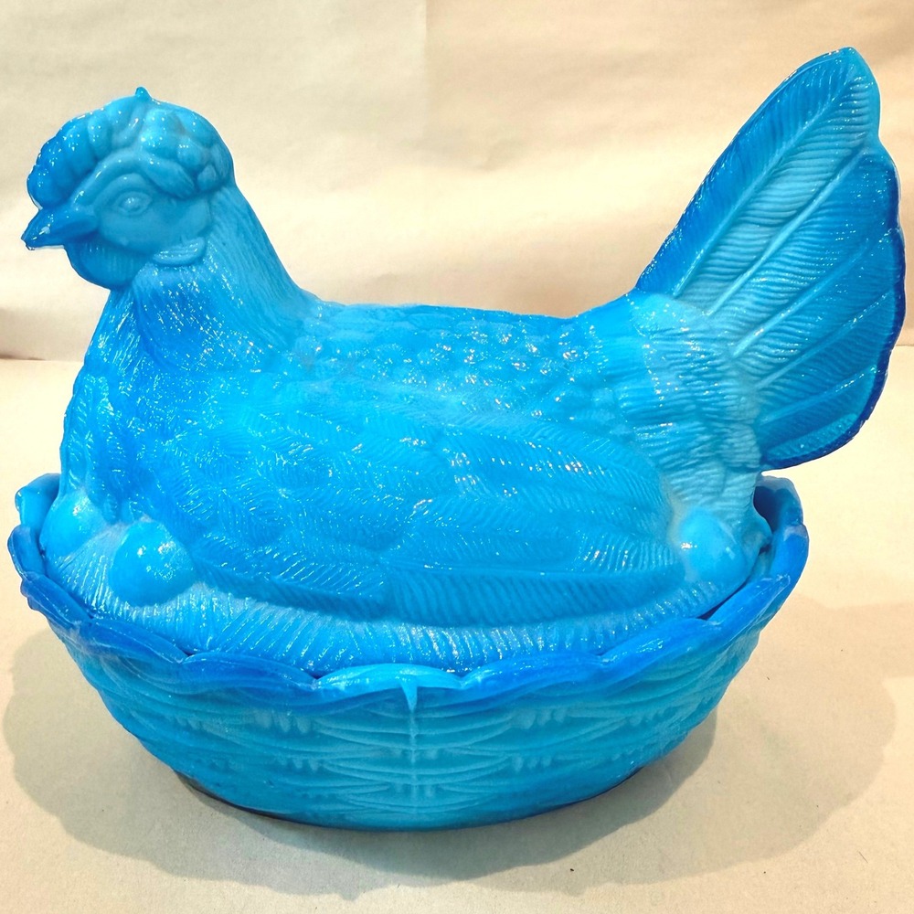 Portieux Vallerysthal French Blue Opaline Glass Hen on Nest Covered Dish‎ PV